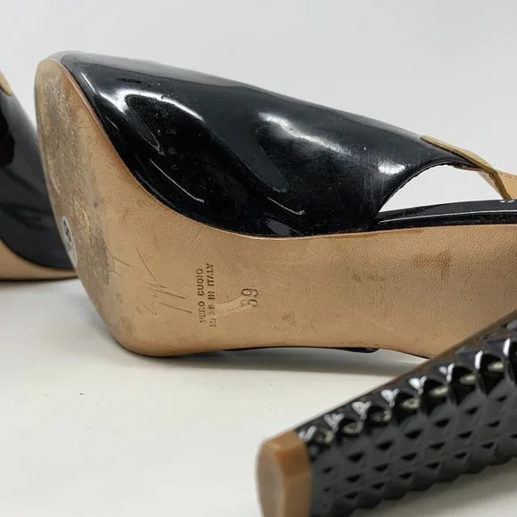 Giuseppe Zanotti Black Patent Leather Slingback Corkscrew Peep-Toe Sandals 8.5 - Picture 8 of 11